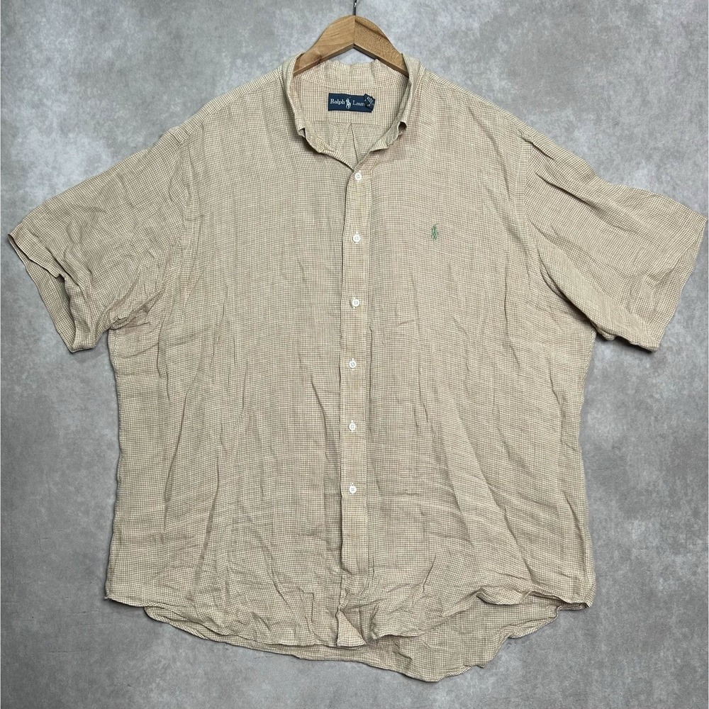 Vintage Ralph Lauren Shirt Men's 2XL Tan Button Down Preppy Plaid Linen